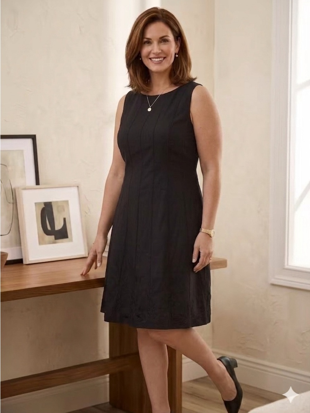 Adrianna Papell Black Linen Blend Sleeveless Shift Dress Size 14 Embroidery